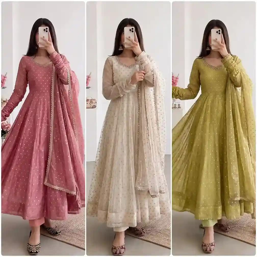 Moss Butti Silk Mirror Work Gown Set 6 Moss Butti Silk Mirror Work Gown Set - Image 6