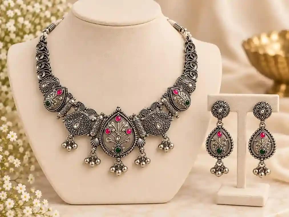Premium Oxidised Silver Necklace & Earring Set - Image 8