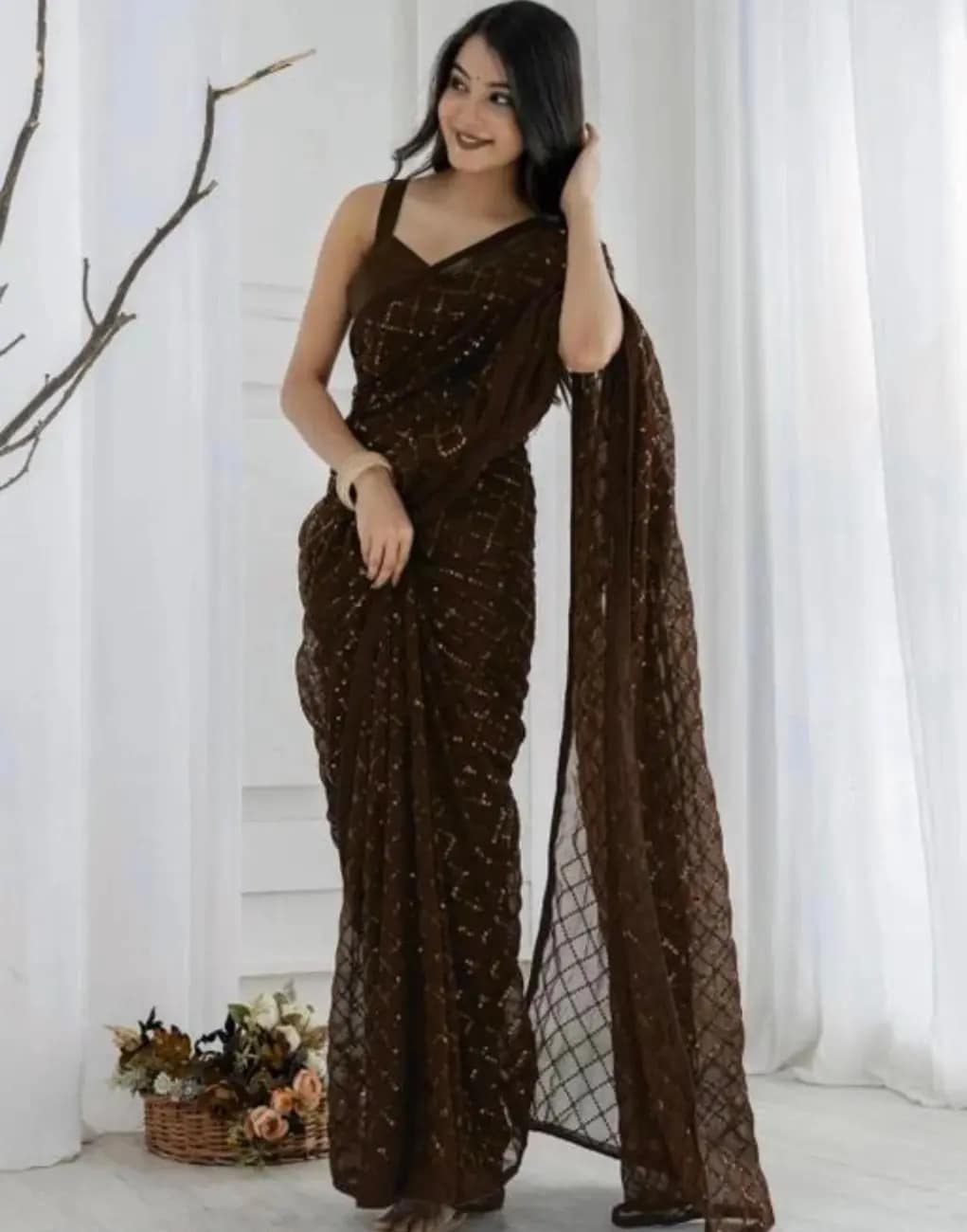 Elegant Brown Sequin Net Saree 2 Elegant Brown Sequin Net Saree