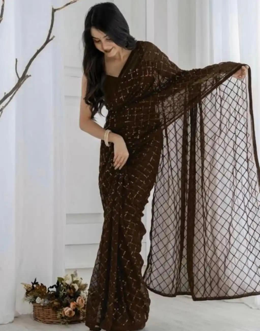 Elegant Brown Sequin Net Saree 1 Elegant Brown Sequin Net Saree