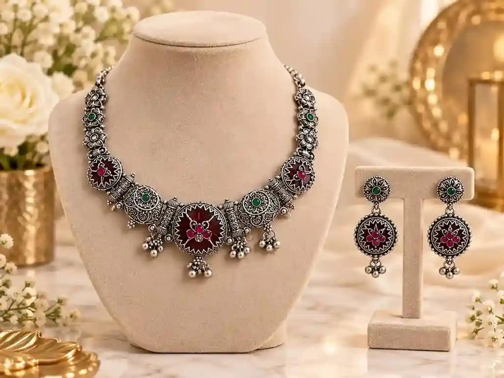 Premium Oxidised Silver Necklace & Earring Set - Image 3