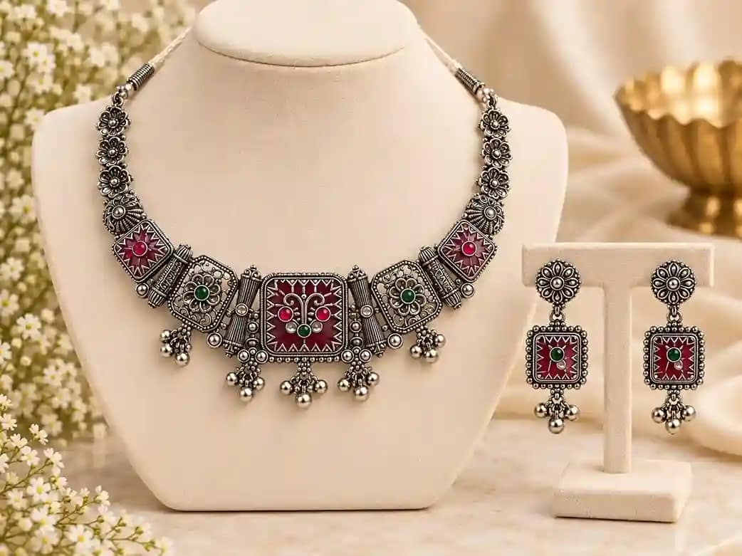 Premium Oxidised Silver Necklace & Earring Set - Image 7