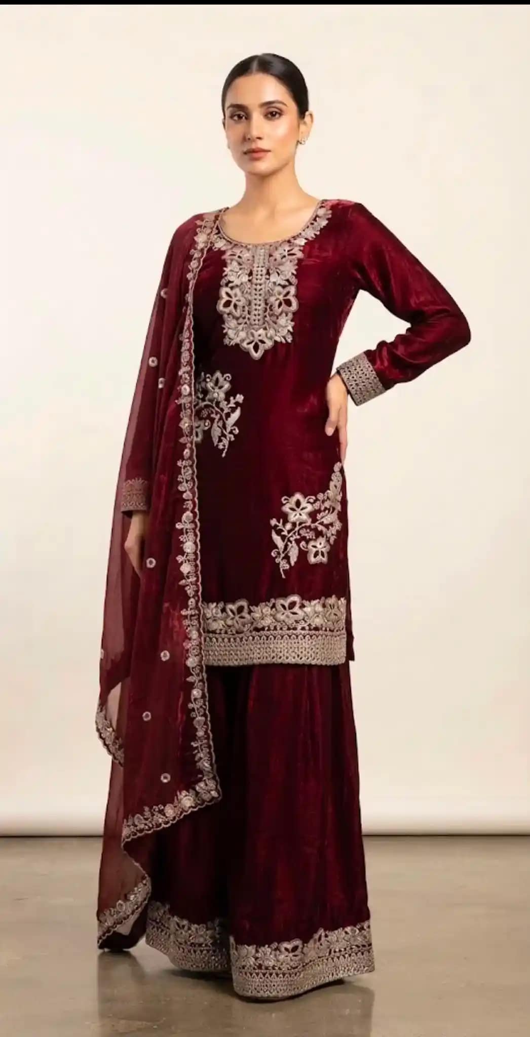 Elegant Teal Blue Fendy Silk Embroidered Sharara Suit Set - Image 5