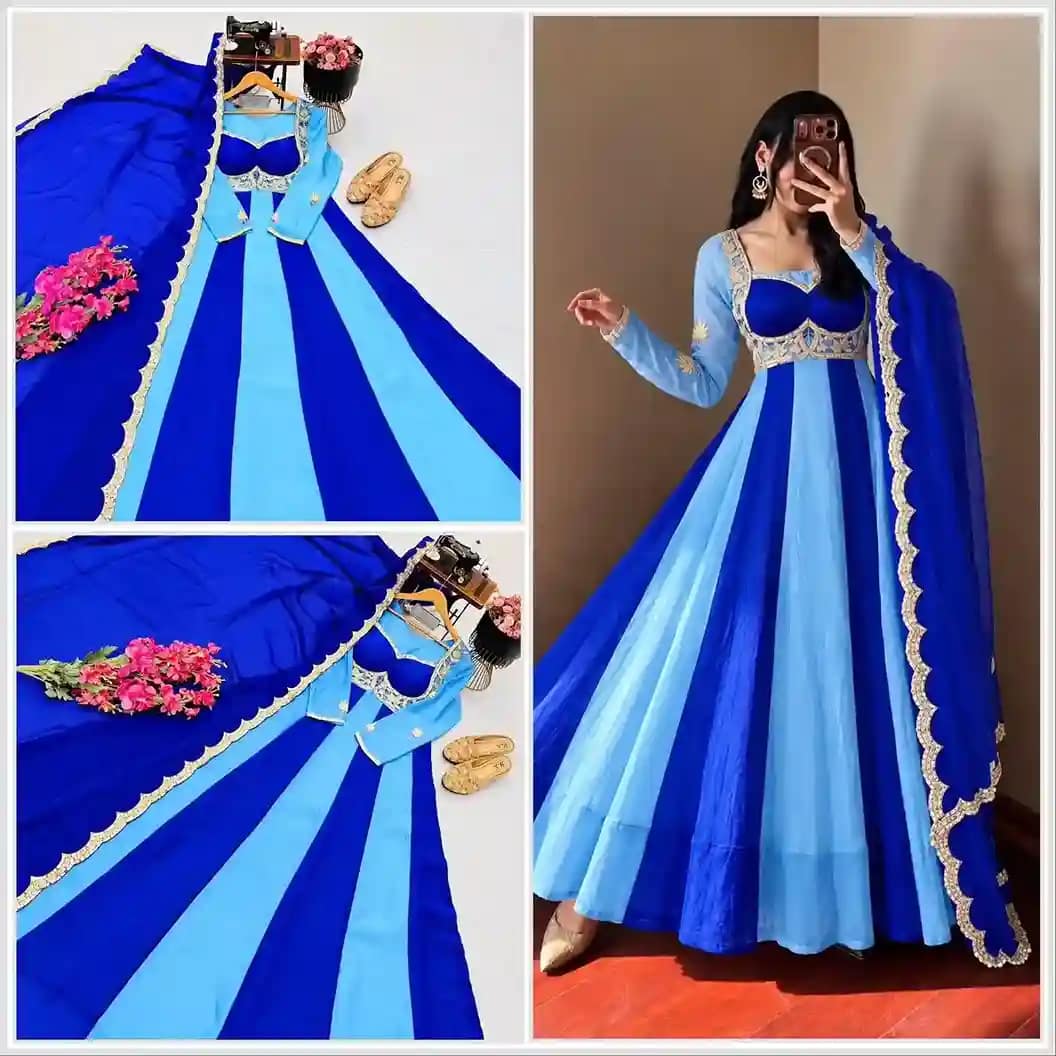 Fendy Silk Party Gown and Dupatta Set - Pink or Royal Blue 2 Fendy Silk Party Gown and Dupatta Set - Pink or Royal Blue - Image 2