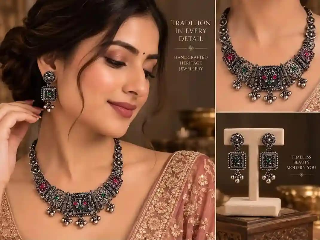 Premium Oxidised Silver Necklace & Earring Set - Image 15