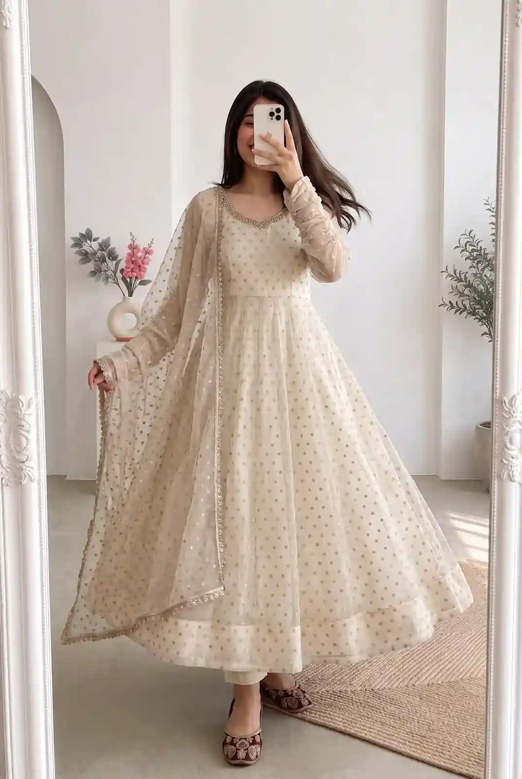 Moss Butti Silk Mirror Work Gown Set 5 Moss Butti Silk Mirror Work Gown Set - Image 5