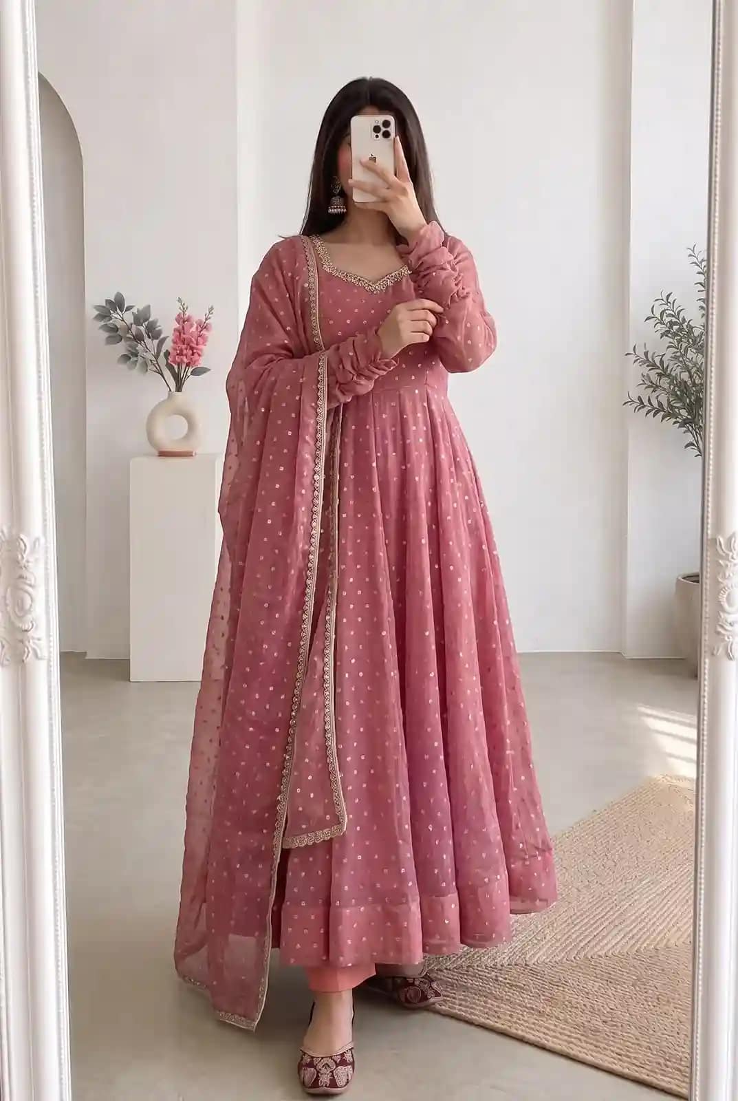 Moss Butti Silk Mirror Work Gown Set 4 Moss Butti Silk Mirror Work Gown Set - Image 4