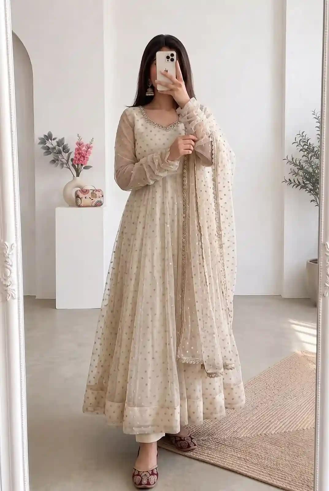 Moss Butti Silk Mirror Work Gown Set 1 Moss Butti Silk Mirror Work Gown Set