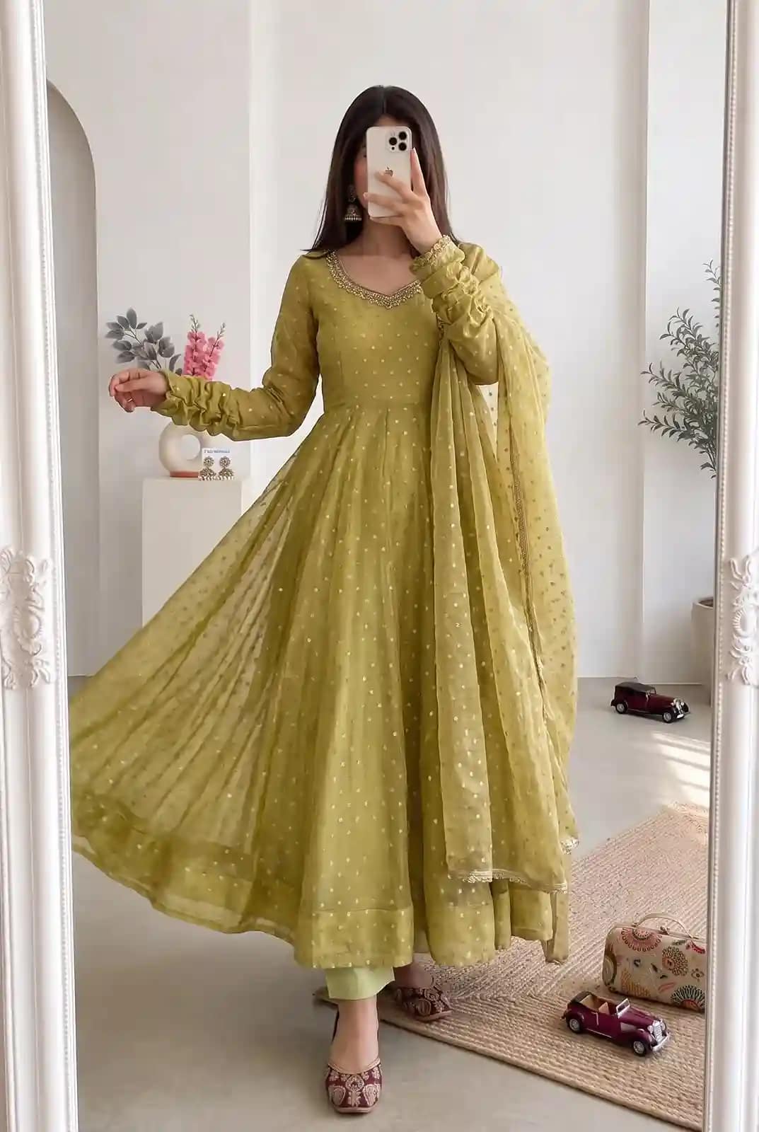 Moss Butti Silk Mirror Work Gown Set 22 Moss Butti Silk Mirror Work Gown Set - Image 22