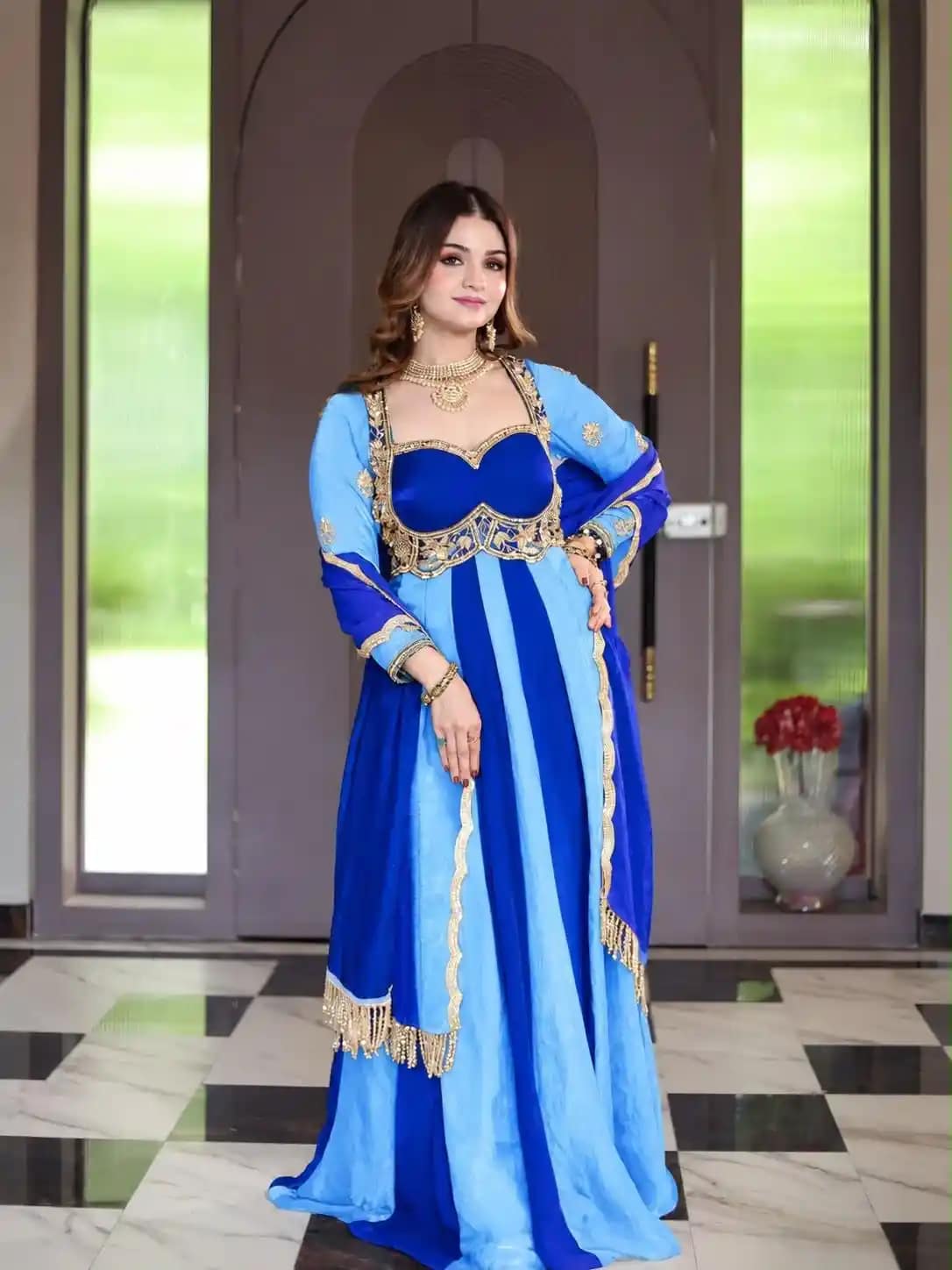 Fendy Silk Party Gown and Dupatta Set - Pink or Royal Blue 7 Fendy Silk Party Gown and Dupatta Set - Pink or Royal Blue - Image 7