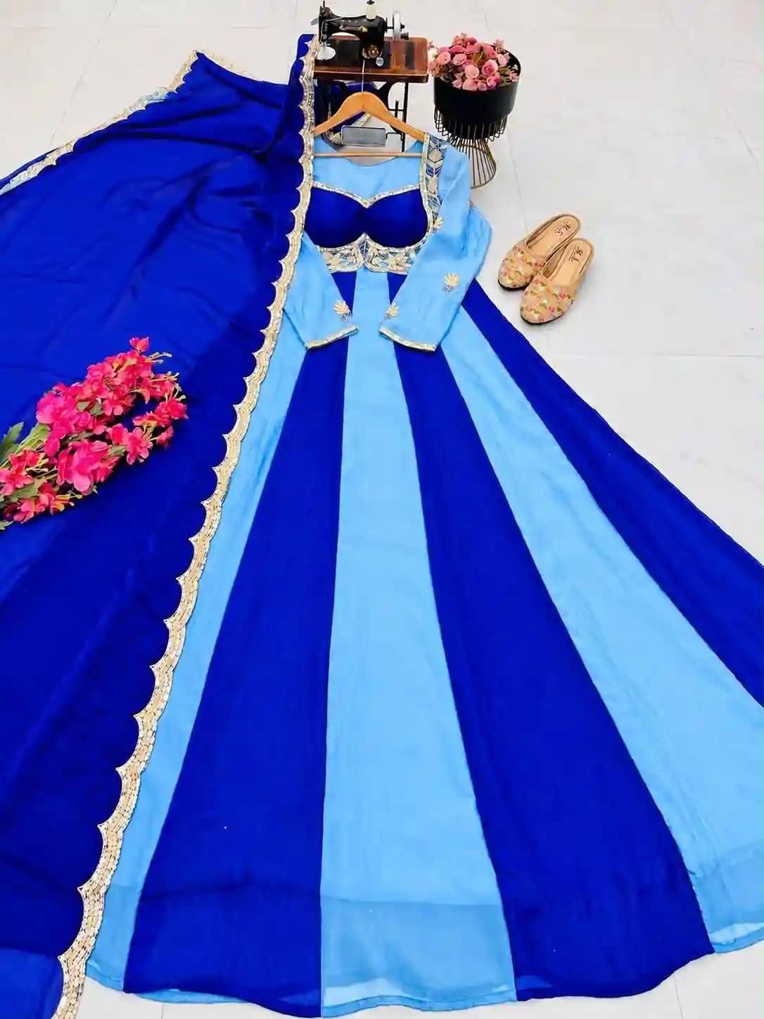 Fendy Silk Party Gown and Dupatta Set - Pink or Royal Blue 4 Fendy Silk Party Gown and Dupatta Set - Pink or Royal Blue - Image 4