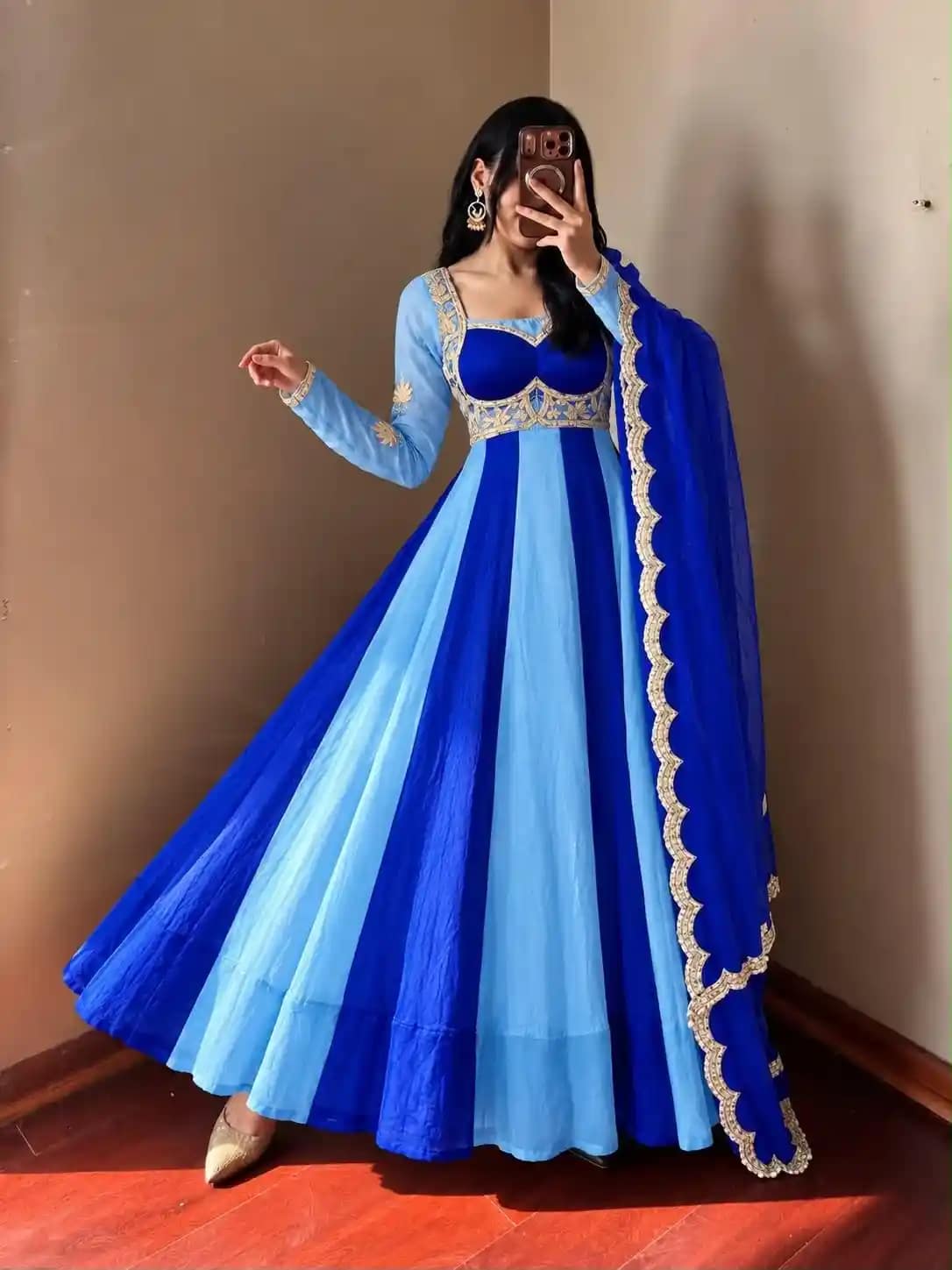 Fendy Silk Party Gown and Dupatta Set - Pink or Royal Blue 1 Fendy Silk Party Gown and Dupatta Set - Pink or Royal Blue
