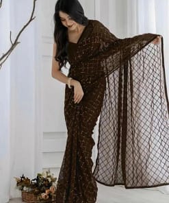 Elegant Brown Sequin Net Saree