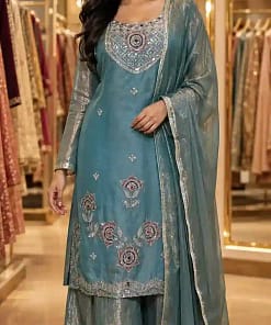 Embroidered Fendy Silk Kurti Sharara Set