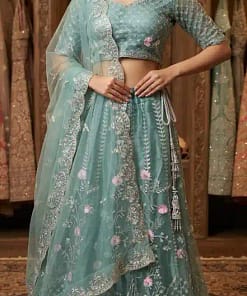 Sage Green Blue Net Lehenga 5 Sage Green Blue Net Lehenga - Image 3