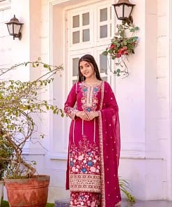 Designer Chinon Silk Embroidered Top, Plazzo & Dupatta Set