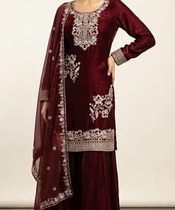 Elegant Teal Blue Fendy Silk Embroidered Sharara Suit Set