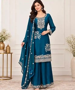 Teal Blue Fendy Silk Embroidered Sharara Suit Set 8 Teal Blue Fendy Silk Embroidered Sharara Suit Set - Image 3