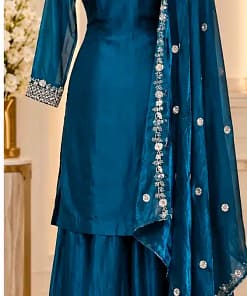 Teal Blue Fendy Silk Embroidered Sharara Suit Set 11 Teal Blue Fendy Silk Embroidered Sharara Suit Set - Image 6
