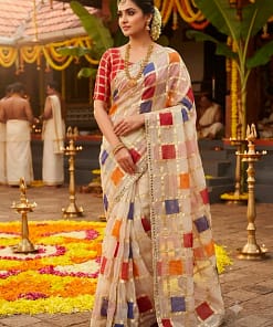 Off White Multicolour Checks Viscose Saree with Mirror Border