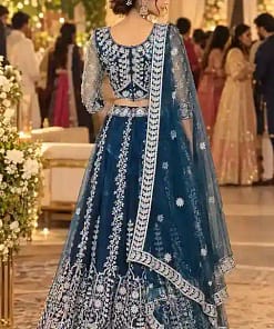 Peacock Blue Embroidered Net Lehenga Set 7 Peacock Blue Embroidered Net Lehenga Set - Image 4