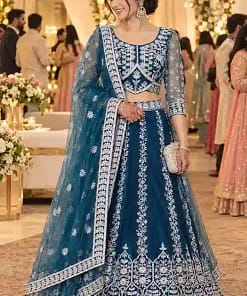 Peacock Blue Embroidered Net Lehenga Set 6 Peacock Blue Embroidered Net Lehenga Set - Image 3