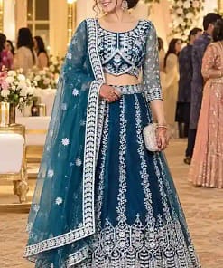 Peacock Blue Embroidered Net Lehenga Set