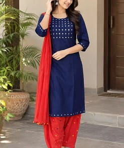 Navy Blue & Red Rayon Mirror Work Salwar Suit Set