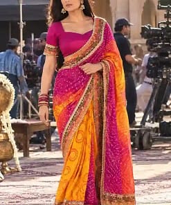 Pink Bandhani Banarasi Pre-Pleated Saree