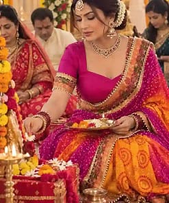 Pink Bandhani Banarasi Pre-Pleated Saree 8 Pink Bandhani Banarasi Pre-Pleated Saree - Image 4