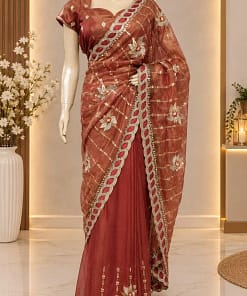 Home 14 Rust Embroidered Party Wear Saree-1