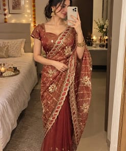 Rust Embroidered Party Wear Saree 8 Rust Embroidered Party Wear Saree-3