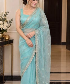 Ice Blue Butterfly Net Saree 6 Ice blue butterfly net saree with sequin and thread embroidered border and sleeveless stitched blouse