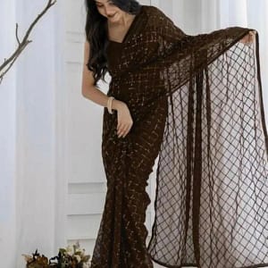 Elegant Brown Sequin Net Saree