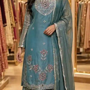 Embroidered Fendy Silk Kurti Sharara Set - Image 7
