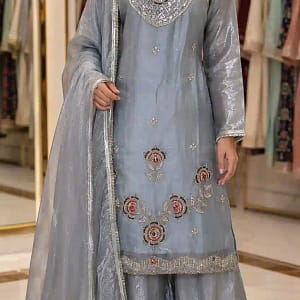 Embroidered Fendy Silk Kurti Sharara Set - Image 5