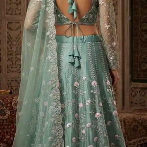 Alternative view of Stunning sage greenish blue net lehenga