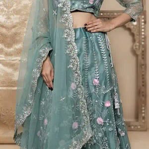 Stunning sage greenish blue net lehenga