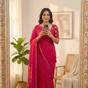 Alternative view of Tassar Silk Bandhani Printed Saree with Batik Blouse