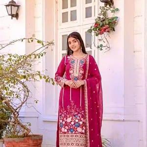 Designer Chinon Silk Embroidered Top, Plazzo & Dupatta Set