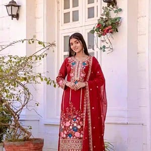 Designer Chinon Silk Embroidered Top, Plazzo & Dupatta Set - Image 5