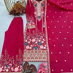 Designer Chinon Silk Embroidered Top, Plazzo & Dupatta Set - Image 4