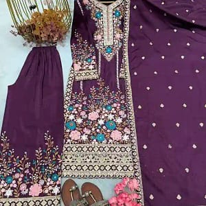 Designer Chinon Silk Embroidered Top, Plazzo & Dupatta Set - Image 3