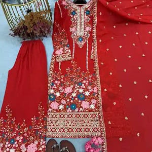 Designer Chinon Silk Embroidered Top, Plazzo & Dupatta Set - Image 6