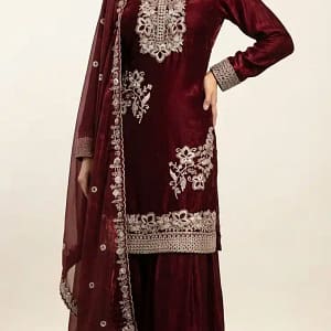 Elegant Teal Blue Fendy Silk Embroidered Sharara Suit Set