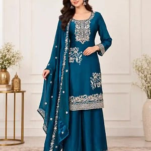 Elegant Teal Blue Fendy Silk Embroidered Sharara Suit Set - Image 3