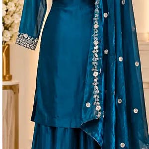 Elegant Teal Blue Fendy Silk Embroidered Sharara Suit Set - Image 6