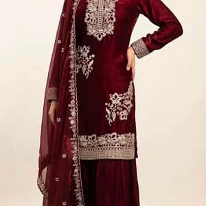 Elegant Teal Blue Fendy Silk Embroidered Sharara Suit Set - Image 5