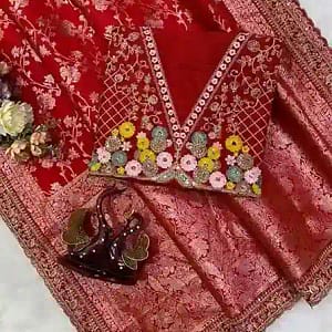 Karva Chauth Special Red Banarasi Jacquard Silk Saree with Designer Blouse