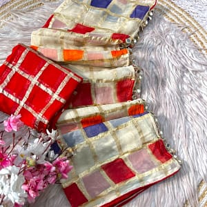 Off White Multicolour Checks Viscose Saree with Mirror Border - Image 6